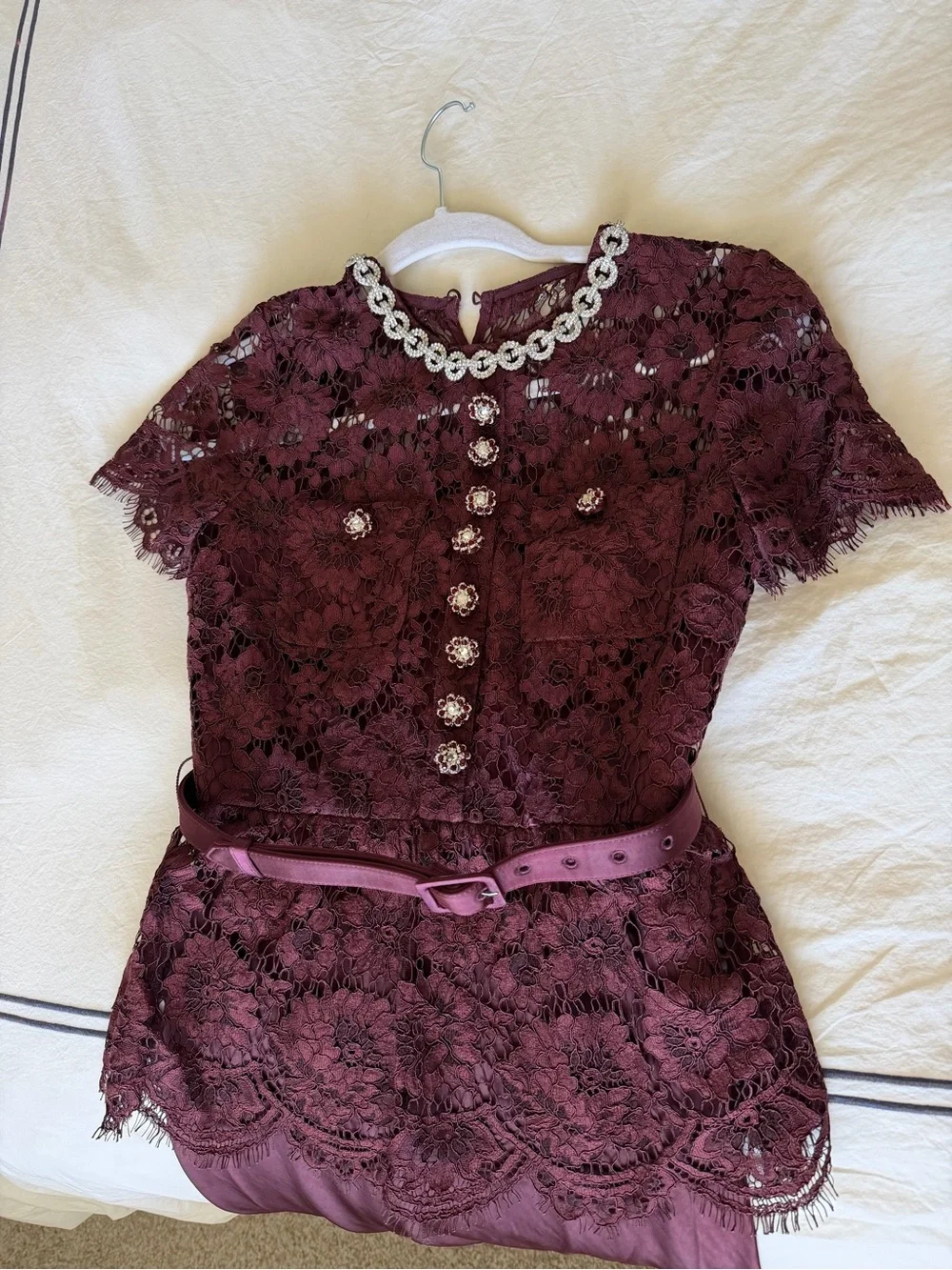 SELF PORTRAIT BELTED LACE AND SATIN MAXI DRESS